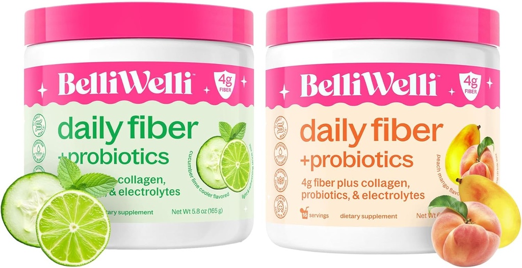 Denní Fiber dodatek Bundle s kolagenem, probiotika, elektrolyty a hydratační podpora - Cucumber Lime Mint & Peach Mango Flavors - Promotes Digestive, Skin Health, Gut Balance - 32 Služeb