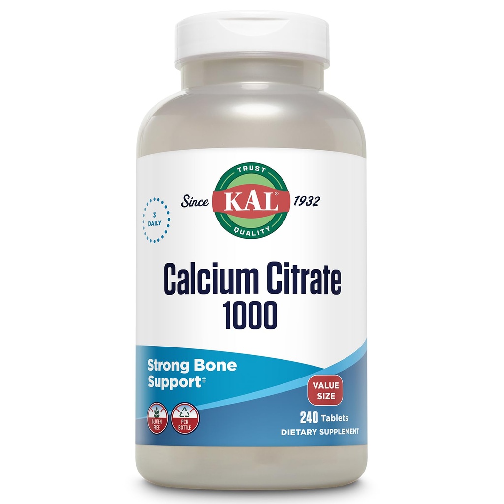 KAL vápník Citrát 1000mg, vápník doplňky pro ženy a muže, zdraví kostí, zuby, nervové, muskulárně a kardiovaskulární systém podpora, gluten zdarma a laboratorní ověřené, 80 Servings, 240 Tablety