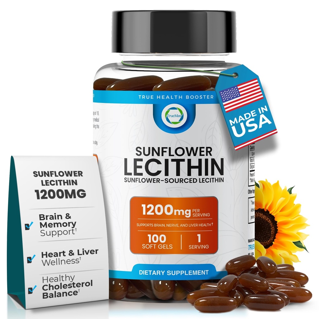 Slunečnice Lecithin 1200 MG 100 Softgels, 100- denní dodávky Garantované čisté, non-GMO, Soy- Free, Podporuje mozek, srdce, Nerve, jaterní zdraví, kognitivní funkce, zdravý cholesterol, vysoká absorpční vzorec