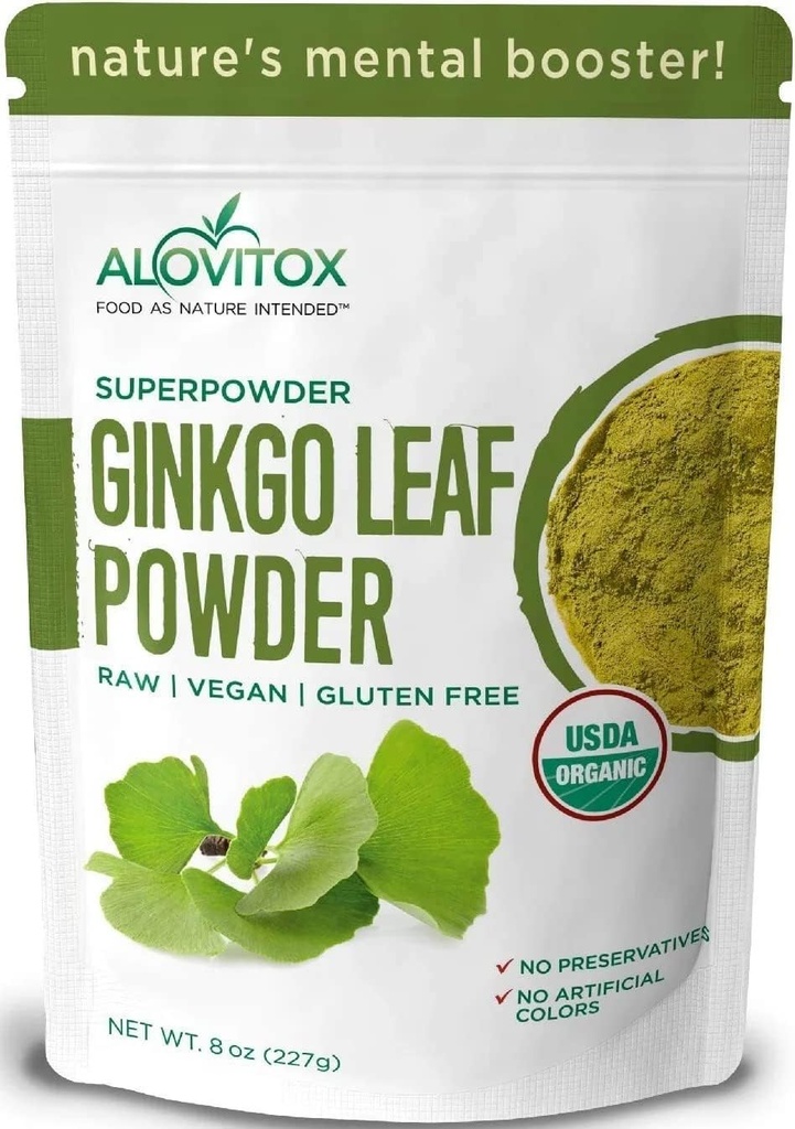 Ginkgo Biloba Leaf Powder 8oz - Ginkgo Biloba Tea podporuje zdravé stárnutí, paměť, zaměření, mood & koncentrace - 100% přírodní Ginko Leaf Extract, Vegan, non GMO & Certified Organic Ginkgo Leaf Powder