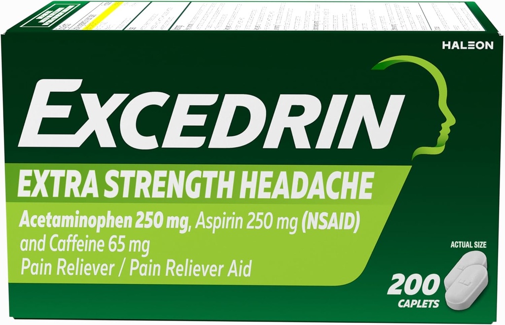 Excedrin Extra Strength Relief Caplet for Heache Relief, Acetaminophen 250mg, Aspirin 250mg, Kofein 65mg, Pain Reliever, 200 Počet