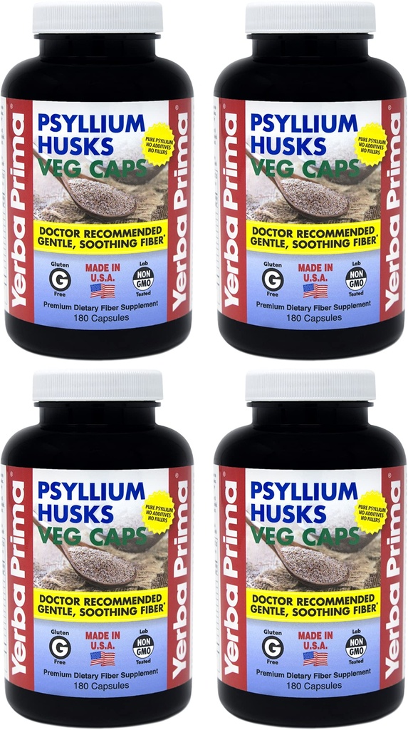 Yerba Prima Psylium Husks Veg Caps - 180 Počet (balení po 4) - Vegan, Non-GMO, gluten Free, Colon Cleanser, Denní Fiber dodatek pro Gut zdraví & Regularity