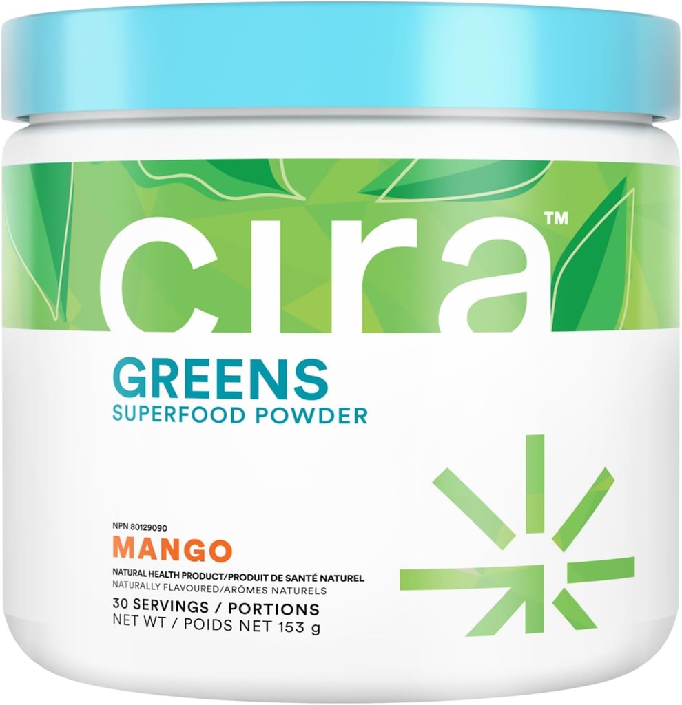 Cira Daily Green - Přirozeně slazené, Organic Spirulina Superfood Powder with Premium, Antioxidant- Bohaté ingredience pro defloating, Digestion, & Energy - Mango, 30 Služeb