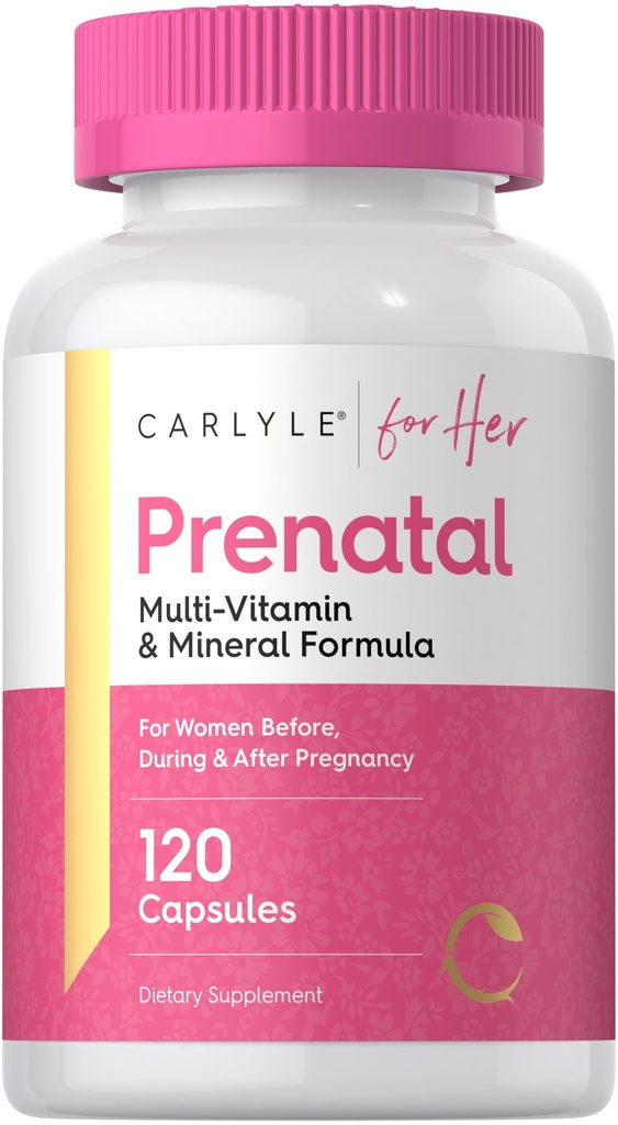 Carlyle Prenatal Vitamíny pro ženy 124; 120 Kapsle 124; Multivitamin a minerální vzorec s kyselinou listovou 124; Non- GMO a gluten zdarma doplněk 124; pro ni