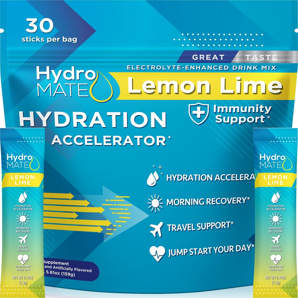 Hydromate Electrolyte Powder Lemon Lime Hydratační balíčky Nízký cukr 30 Počet