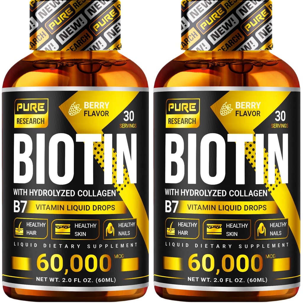 PURE VÝZKUM Biotin & kolagen 60,000mcg růst vlasů tekuté kapky, Podpory: Silné hřebíky, Žhnoucí kůže, Zdravý růst vlasů, více absorpce než kapsle & pilulky (4Fl Oz)