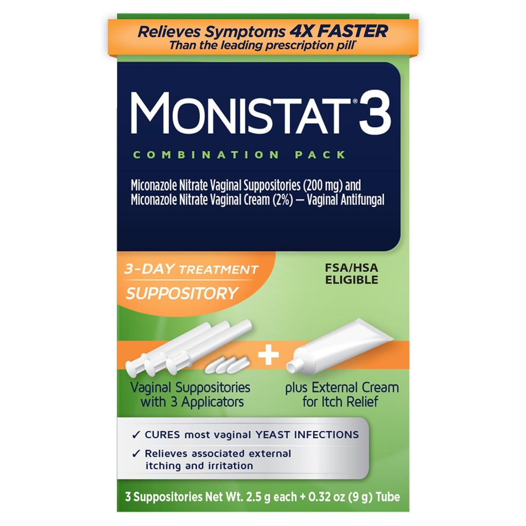Monistat 3denní kvasinková infekce Léčba žen, 3 Miconazole Vaginální Suppositorios & Externí Itch Relief Cream (9g Tube) Combo Pack