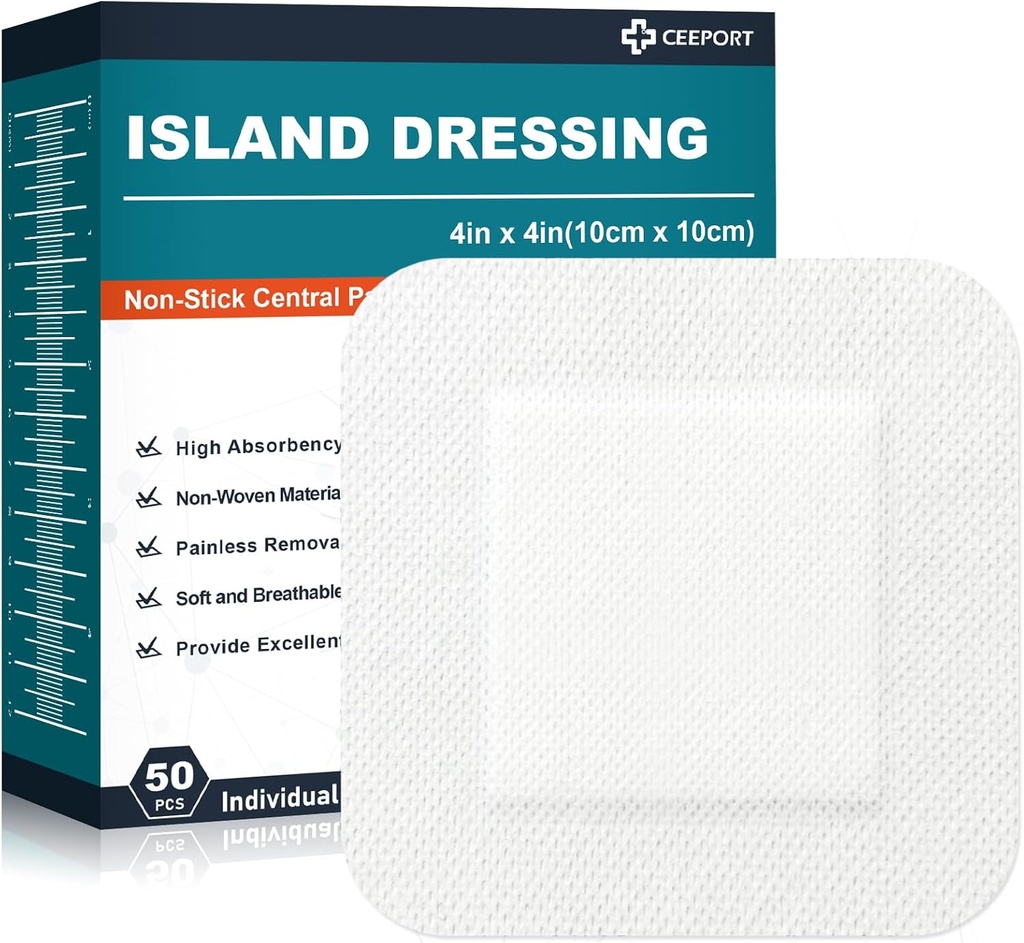Ostrov Dressing 4 "x4", 50 Individuálně balené obvazy s obvazem, 2 "x2" Non- Stick Pad v centru s adhesive hranice, Vysoce absorbent Non- Třídit lékařské třídy obvazy pro rány, první pomoc
