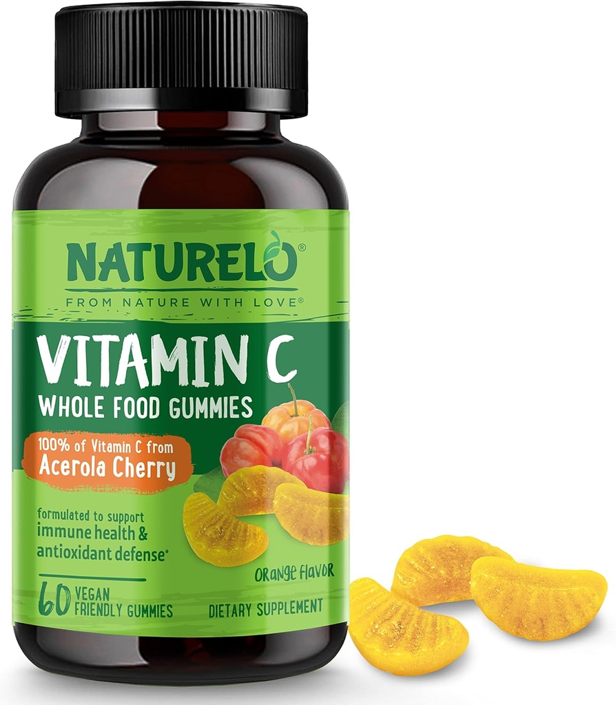 NATURELO Celé jídlo Vitamin C Gummies, Vitamin C z Acerola Cherry, Plant- based Supplement, 60 Vegan- Friendly Gummies