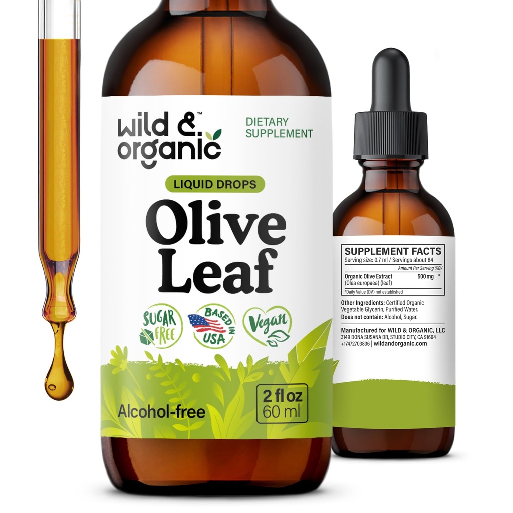 Wild & Organic Olive Leaf Extract Liquid Drops - Antioxidant & Imunitation Supplement - Oleuropein Olive Leaf - Vegan, Cukr & Alcohol- Free Drops - 2 fl oz