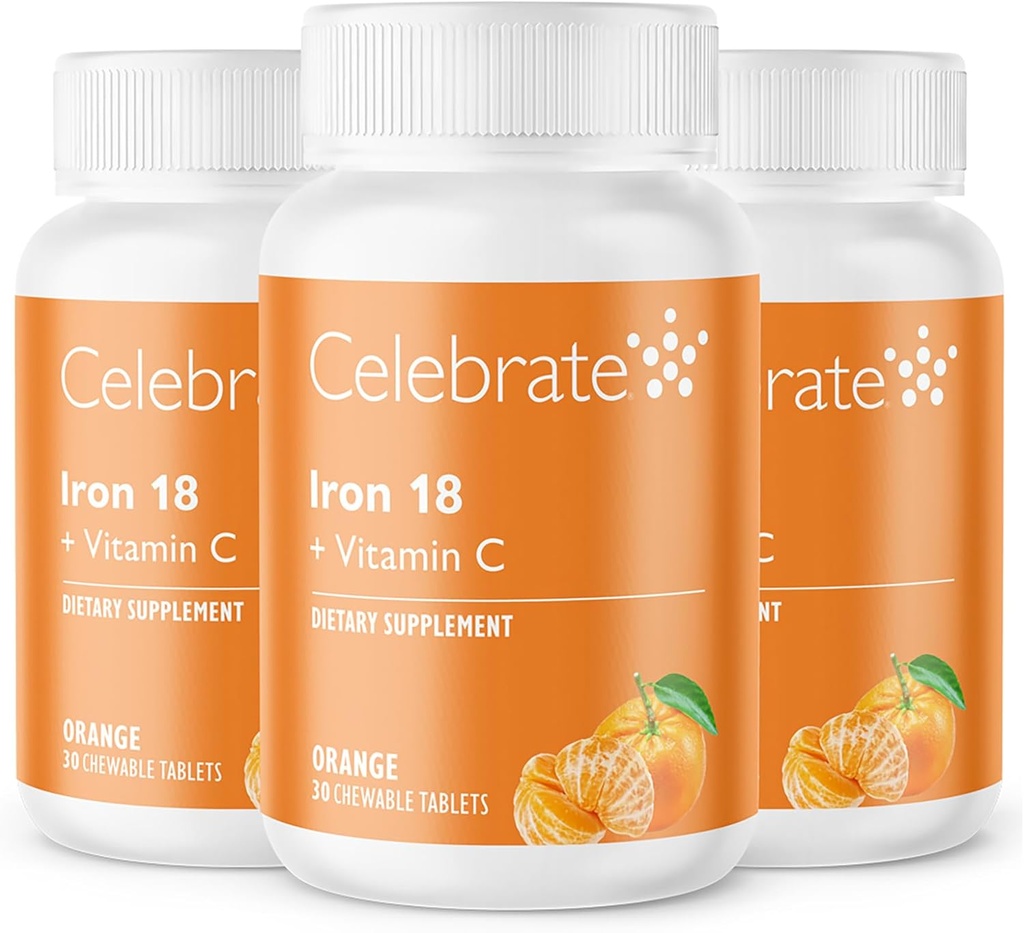 Oslavte vitaminy doplněk železa s vitaminem C - 18mg železa, 36mg vitaminu C, bariatrické vitaminy pro pacienty s WLS, vertikální Sleeve & Gastric Bypass chirurgie - Tangerine, 90 Žvýkací tablety
