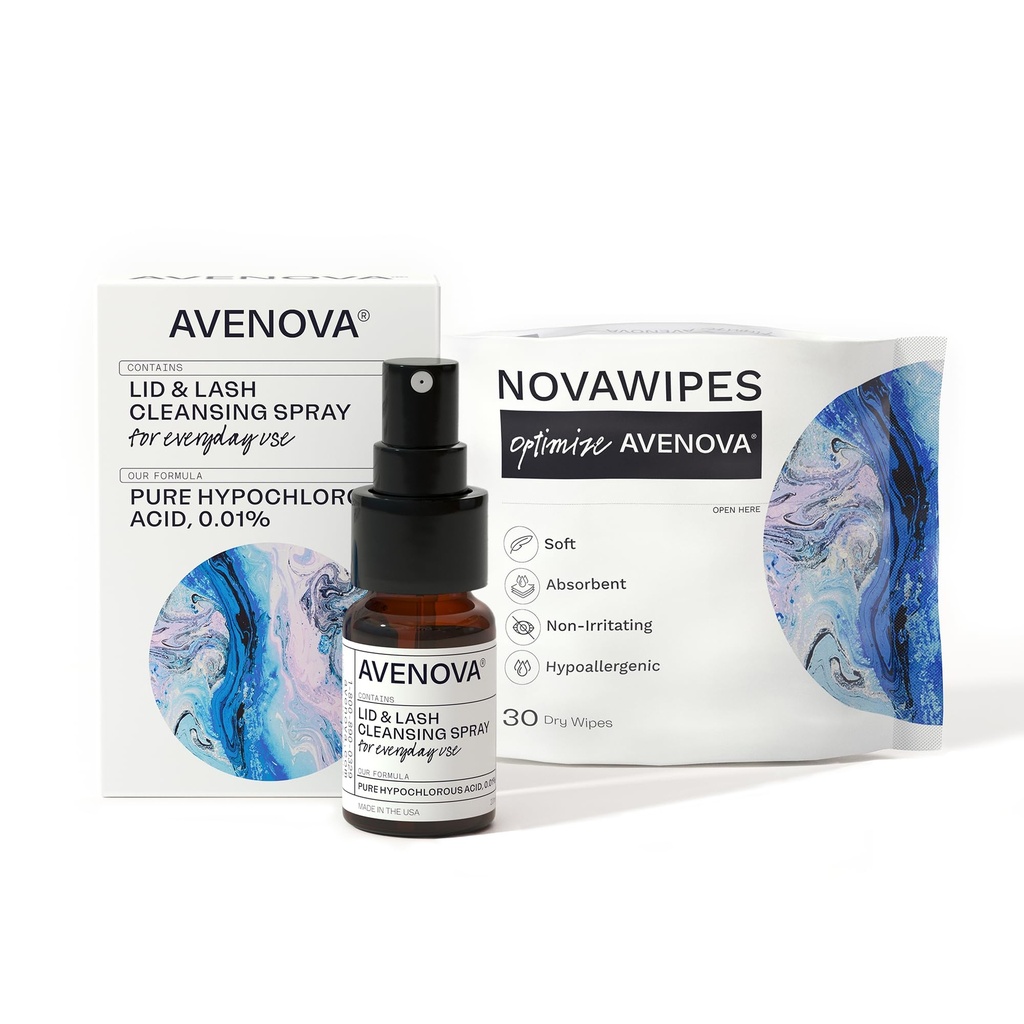 Avenova Eyelid a Eylash Cleanser Spray s 30 suchými wipes - Gentle Everyday Hypochlorous Acid Lid and Lash Cleansing Spray for Cleader and Healther Eyes, 20ml
