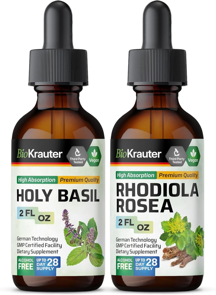 BIO KRAUTER Holy Basil Tincture 2 Fl. Oz. & Rhoddiola Rosea Tincture 2 Fl. Oz.