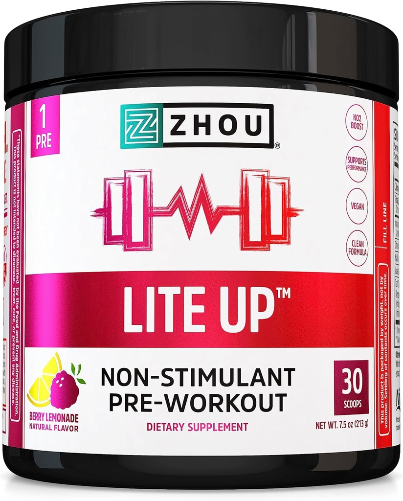 Zhou Lite Up - Non Stim Powder, Nitric Oxide Stim Volný dodatek pro muže a ženy, Kofein Free Boost, Clean Formule - Berry Lemonade Flavor, 7.5 oz Jar (30 Scoops)