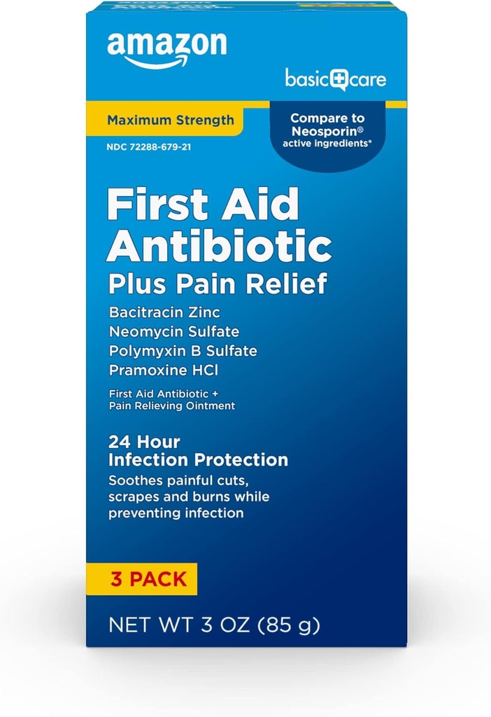 Základní péče Maximální síla první pomoc Triple Antibiotic Ointment, Relief bolesti pro malé kusy, škrabky a popáleniny, 3 unce (balení po 1)