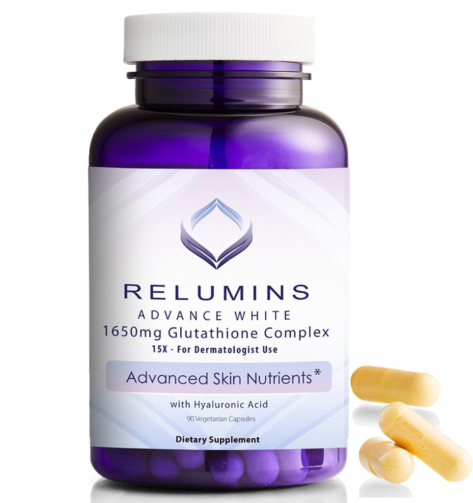 Relumins 1650mg L- Glutathione Complex with Hyaluronic Acid, Alpha Lipoic Acid, Rose HIPS, Vitamin E & Riboflavin - Antioxidant Support, Perfect for Achieving a Holiday Glow, Made in USA - 90 Kapsle