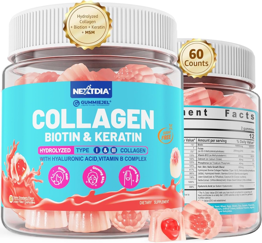 Multi kolagen plněné žvýkačky pro ženy Sugar Free Biotin 10000mcg, Multivitamin Vlasová kůže a nehty Vitamíny pro růst vlasů, s hydrolyzované kolagen Peptid Keratin Hyaluronic Acid MSM Vitamin B