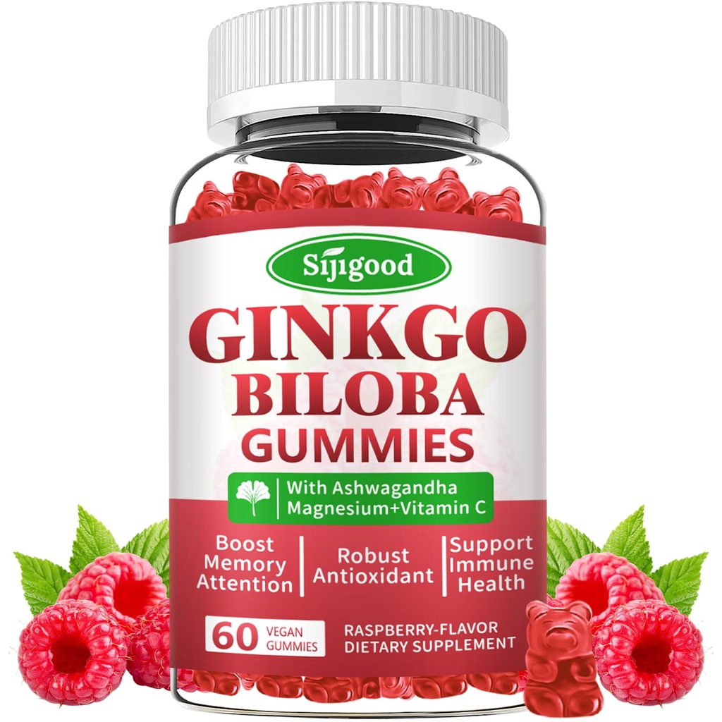 Ginkgo Biloba Gummies s Panax Ginseng a hořčík, Ginkgo Biloba doplňky pro soustředění, paměť, a Brain Zdraví pro dospělé a děti, Vegan Malina Ochucené gumy, 60 Počet