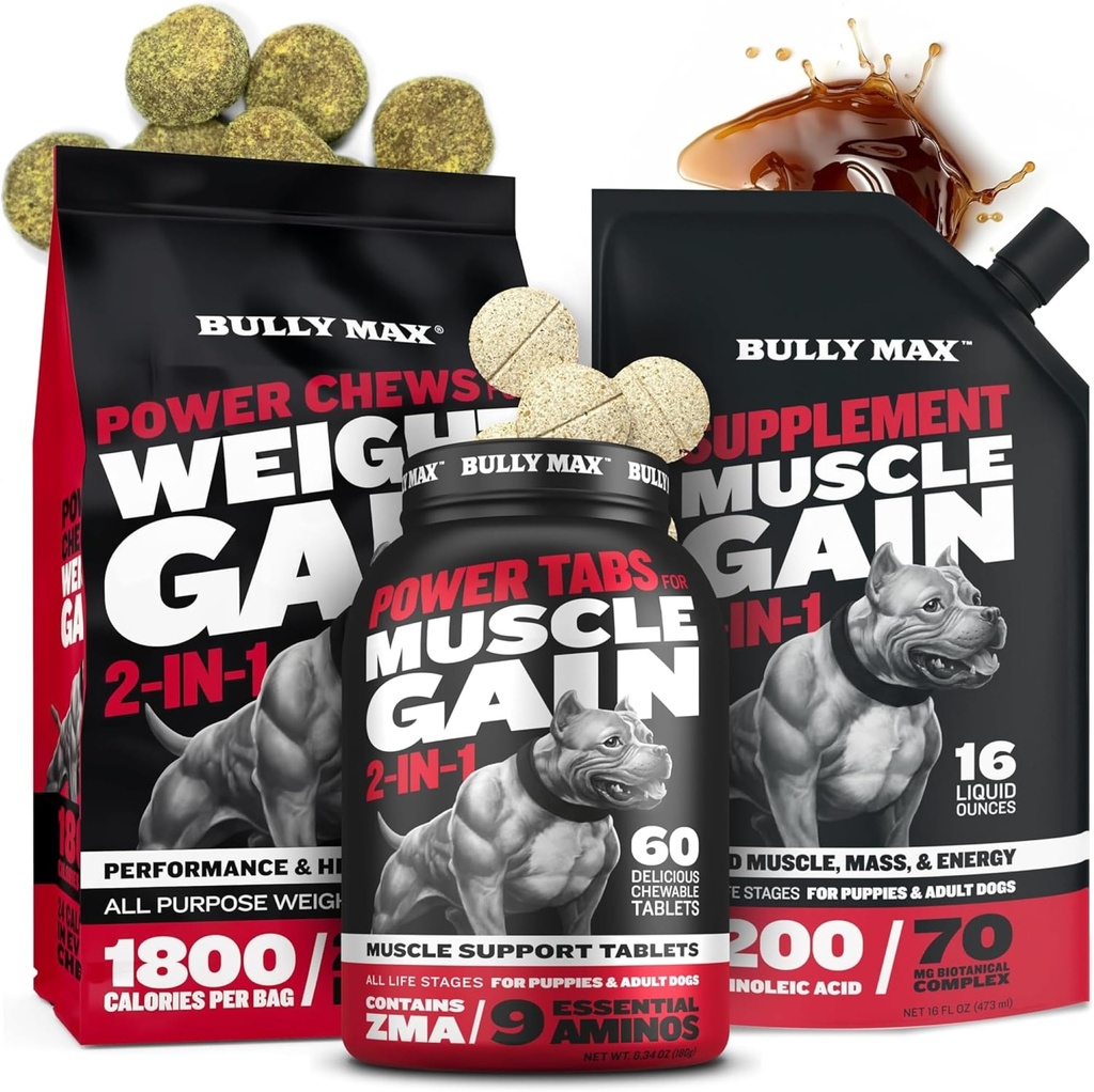 Bully Max Pes Weiner Cheiner Chews (75pc žvýkání) & Muscle Builder Tablety (60 karet) & 3in-1 Liquid Muscle Builder Dodatek Bundle nebo Štěňata & Dospělí, Všechny Breeds - Zdravý růst a vitalita Podpora