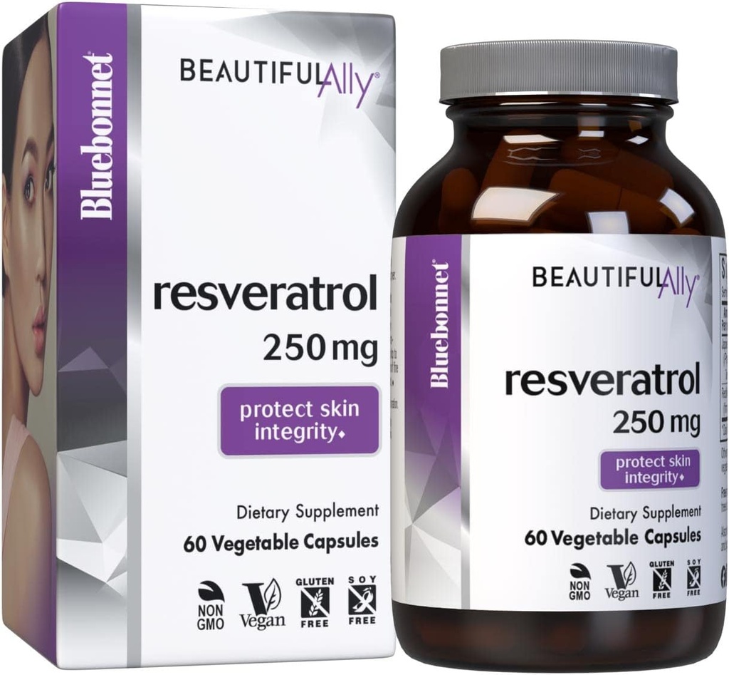 Bluebonnet Nutrition Beautiful Ally Resveratrol 250mg, Best for Skin, Antioxidant, Beauty Nutrient, Vegan, Vegetarian, Non GMO, Gluten Free, Soy Free, 60 Zeleninové kapsle, 60 Služeb