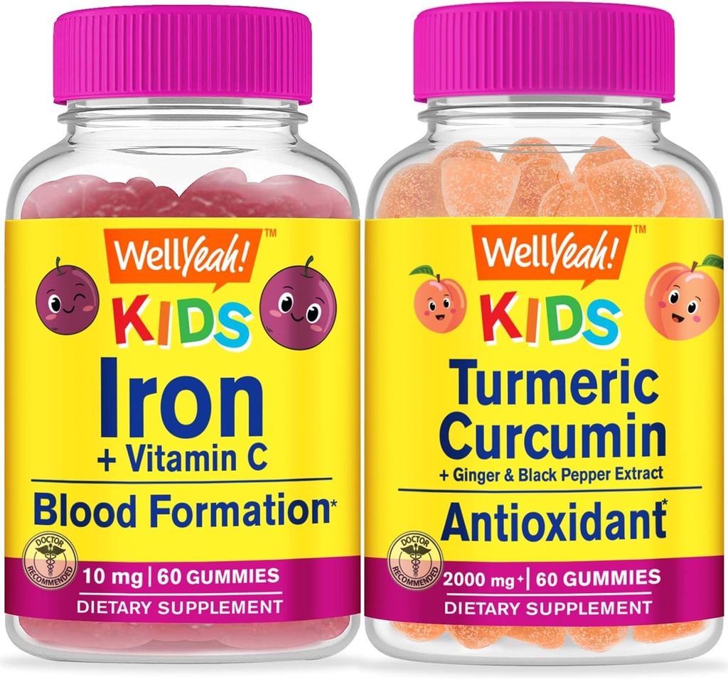 WellYeah Iron + Vitamin C Děti + Kurkumin Kurkumin Děti, Gummies Bundle - Great Ochutnávka, Vitamin dodatek, gluten zdarma, GMO zdarma, Žvýkací žlab