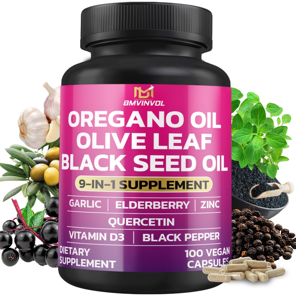 BMVINVOL Oregano Česnek Olive Leaf Black Seed + 5 Více - Imunitní podpora a stravitelný doplněk zdraví pro ženy a muže - 100 Kapsle
