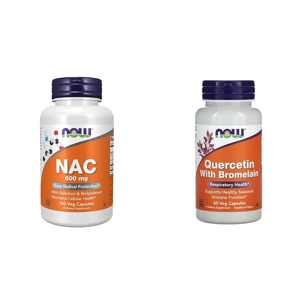 Nyní doplňky, NAC (N- Acetyl Cystein) 600 mg se Selenium & Molybden, 100 Veg Kapsle & Nyní Quercetin s Bromelain - 60 Veg Kapsle