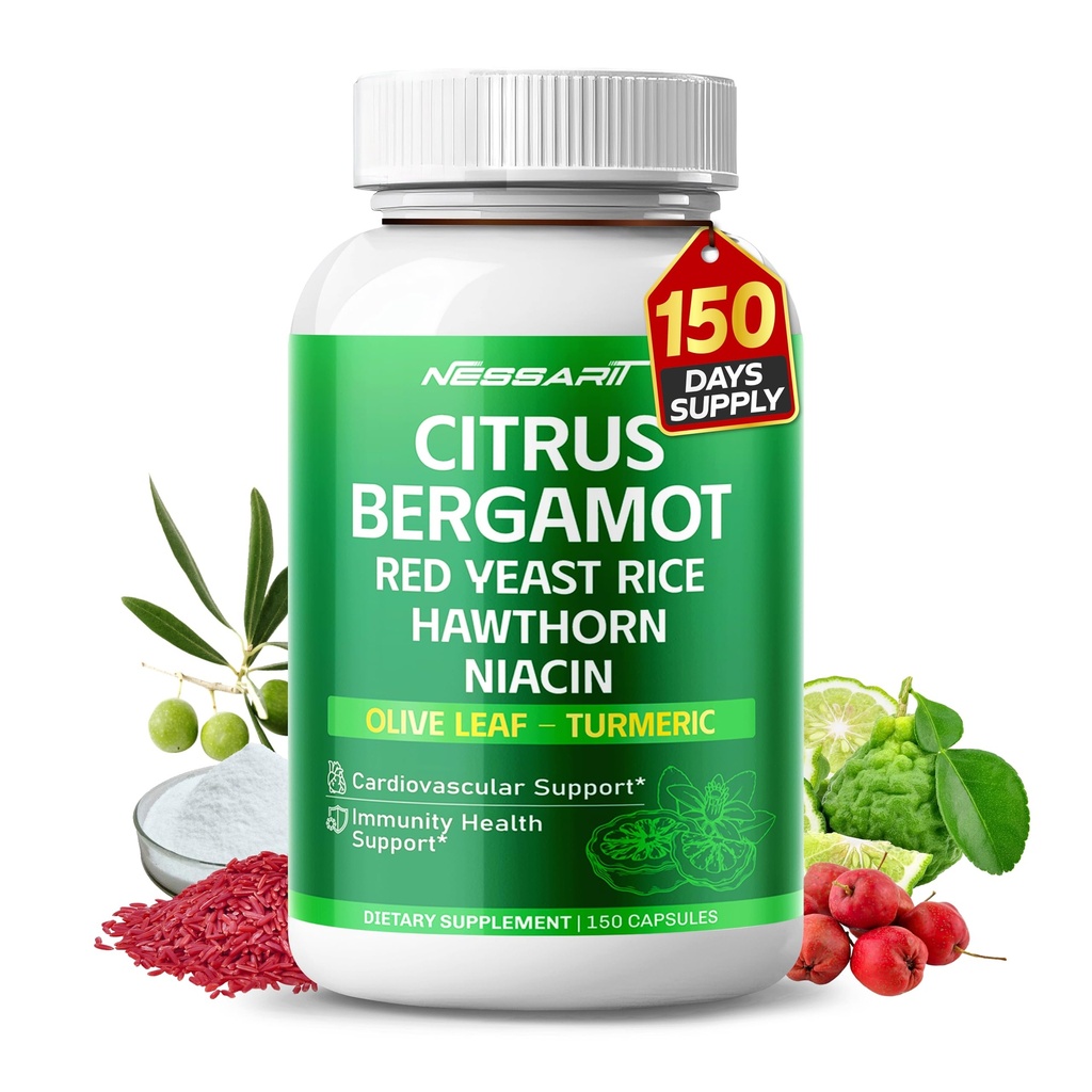Citrus Bergamot dodatek - 15-in-1 Přírodní směs s Red Yeast Rice Hawthorn Olive Leaf Odorless Česnek Česnek Zázvor Fenugreek - 150 Počet - Made & Tested v USA