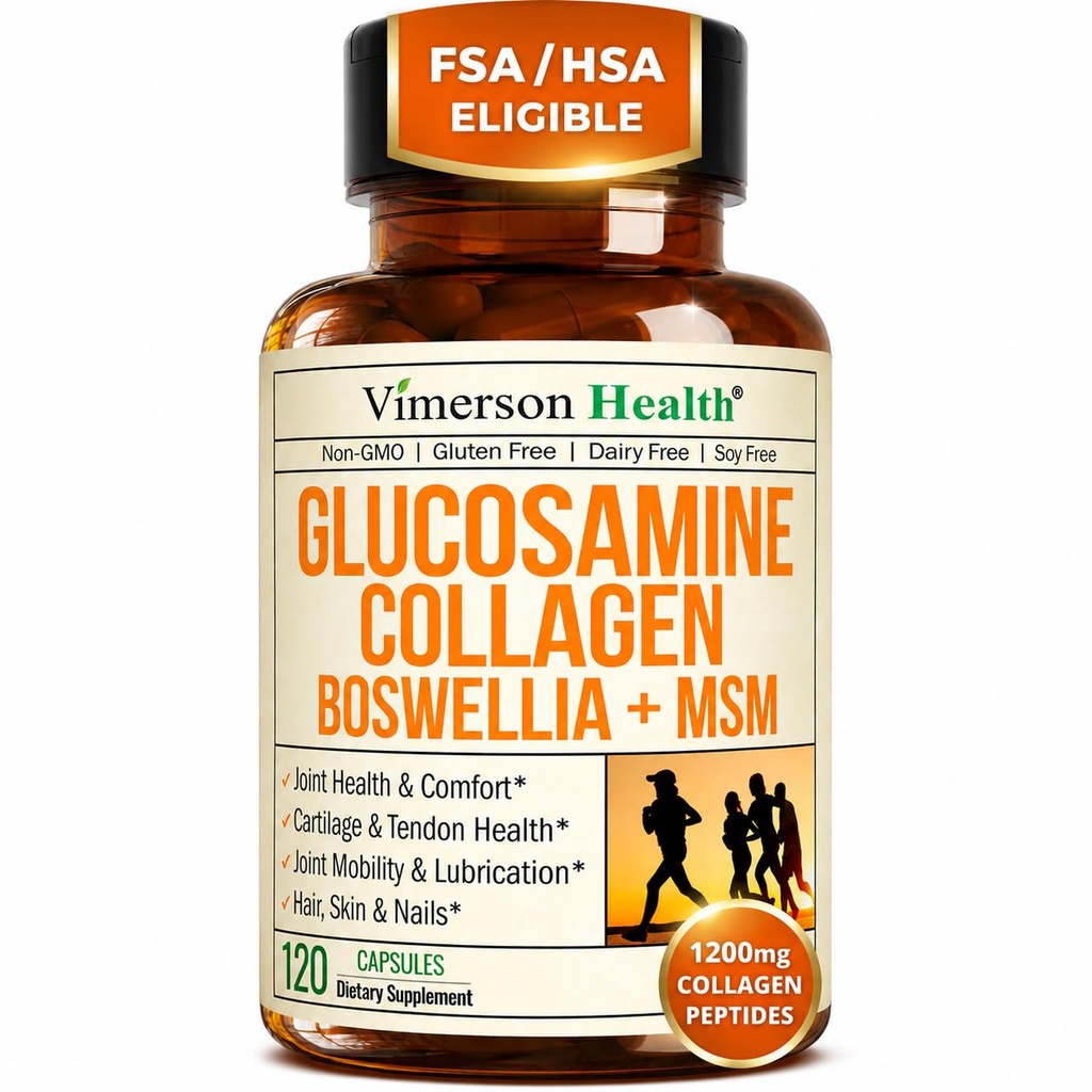 Glucosamine Chondroitin MSM s hydrolyzovanými kolagenovými peptidy - Dodatek společné podpory s Quercetin, Bromelain & Bohwellia Extract - Kolagenové pilulky pro vlasové kožní nehty - FSA způsobilé 120 Caps