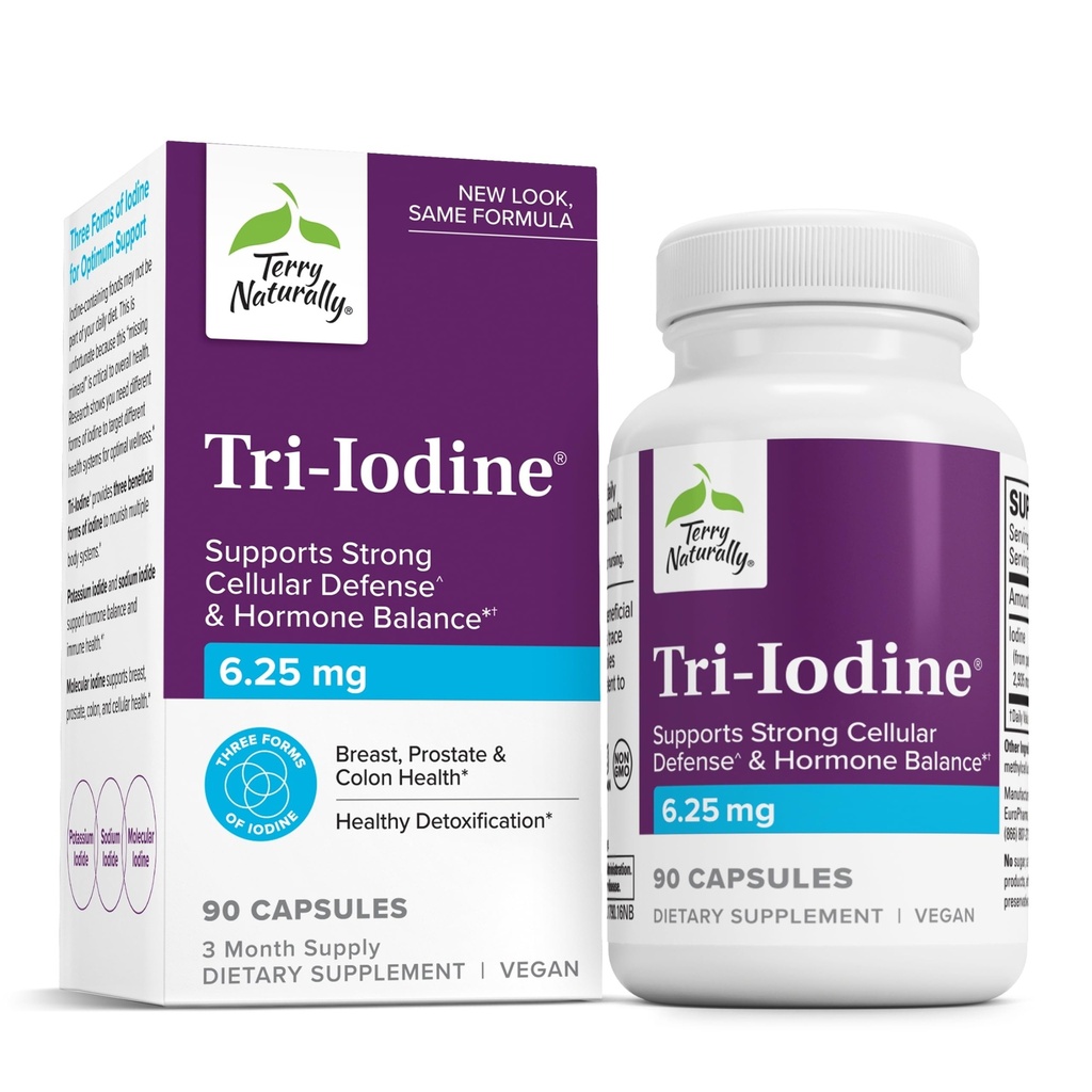 Terryho přirozeně tri- jód - Podpora zdraví štítné žlázy - Aid Hormonální rovnováha s molekulárním jódem z Kelpu - Funkce iodid draselný a sodík Iodid - Brain & Energy Support - 6.25mg, 90 Kapsle