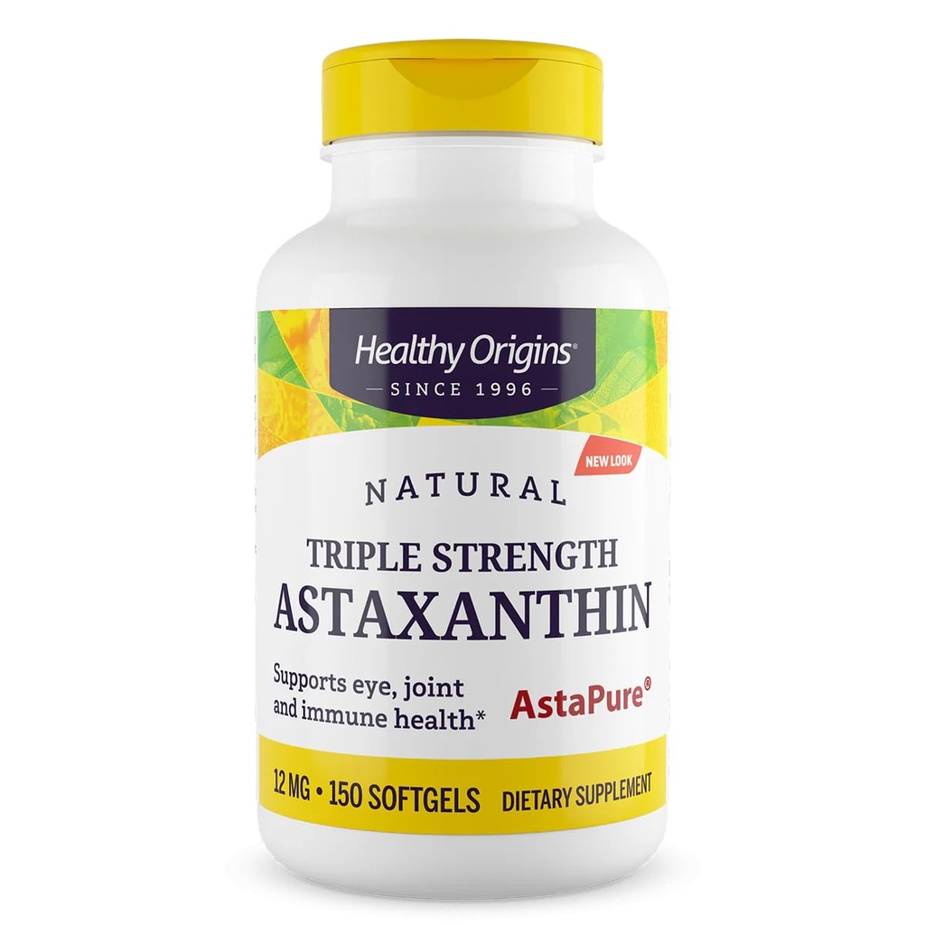 Zdravý původ Astaxanthin 12 mg (přírodní, astapure, Triple Strength, Non-GMO, gluten Free, Oční podpora, Společná podpora, Imunitní podpora), 150 Softgels