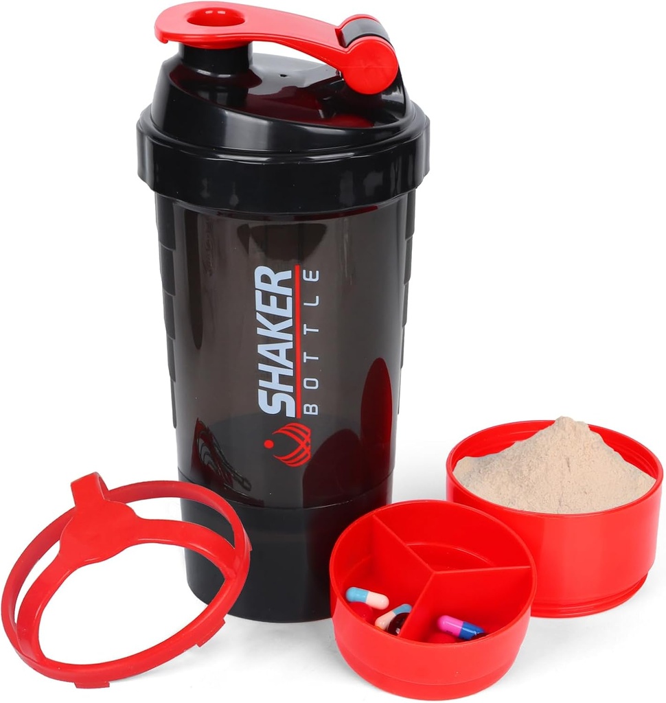 XTK Shaker Lahvička 16OZ Protein Shaker Lahvičky s Mix Ball Přenosný Sportovní láhev Leak Proof GYM Cup pro proteinové směsi s skladovací & Pill Organizátor, Ideální pro Pre Workout, BPA zdarma (červená)