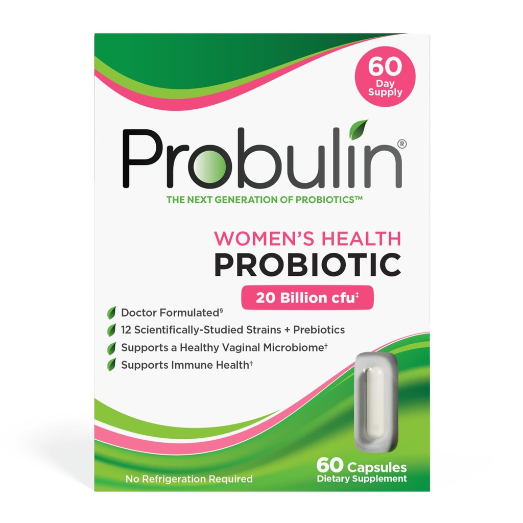 Probulin Ženské zdraví Probiotika + Prebiotika pro Vaginální, Gut & Imunitní Zdraví - 20 Miliardy CFU - 12 Probiotická křesla, 60 Veganské Kapsle