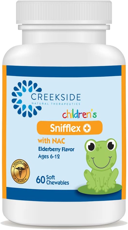 Creekside Naturals Snifflex, Children 's Sinus & Respirační podpora, Elderberry pro imunitní zdraví, Pediatr Procested with NAC, Quercetin & Bromelain, Nulový cukr, Vegan, 60 Soft Chewables