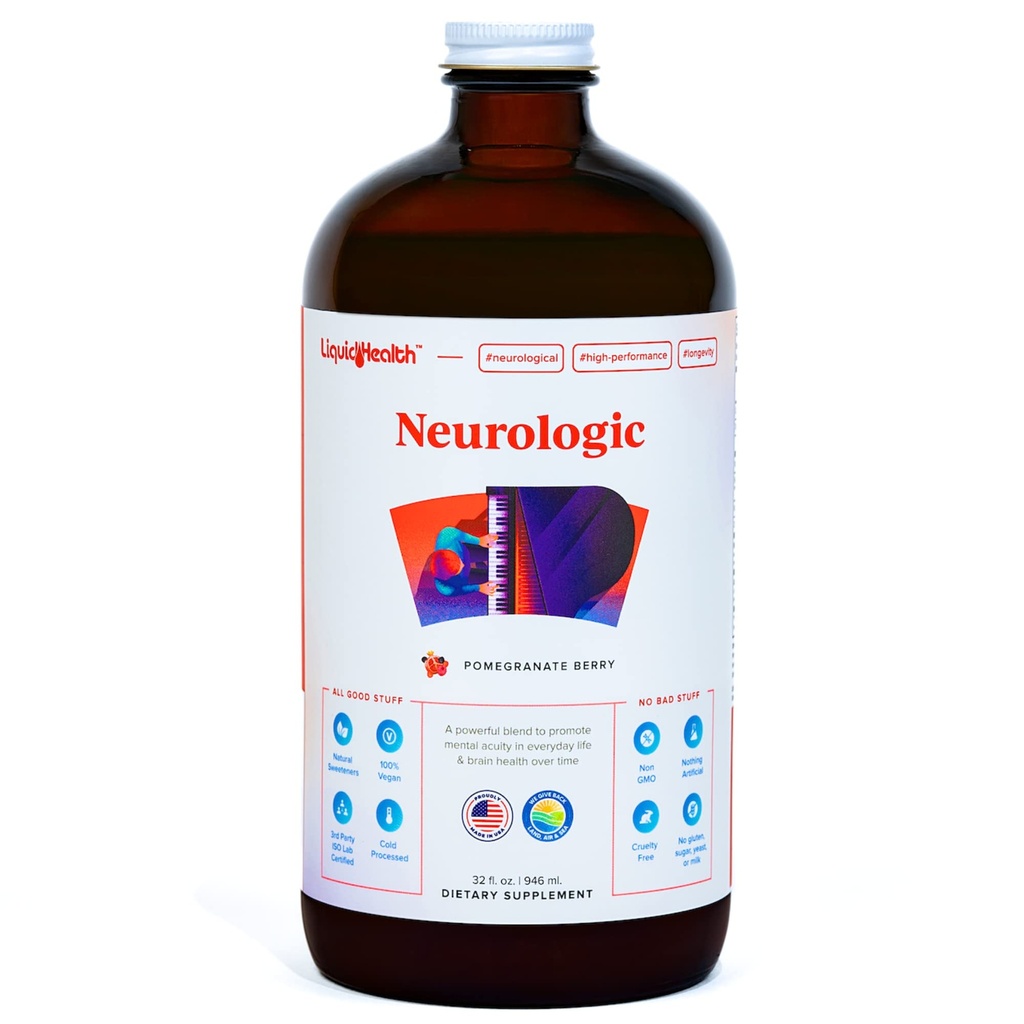 LIQUIDHEALTH Neurologický Focus Supplement - Brain Booster Nootroppic Supplement for Cognitive Function, Memory & Focus with Ginkgo Biloba, Choline, L-Theanine & Fosfatidylserine - USA Made (32 oz)