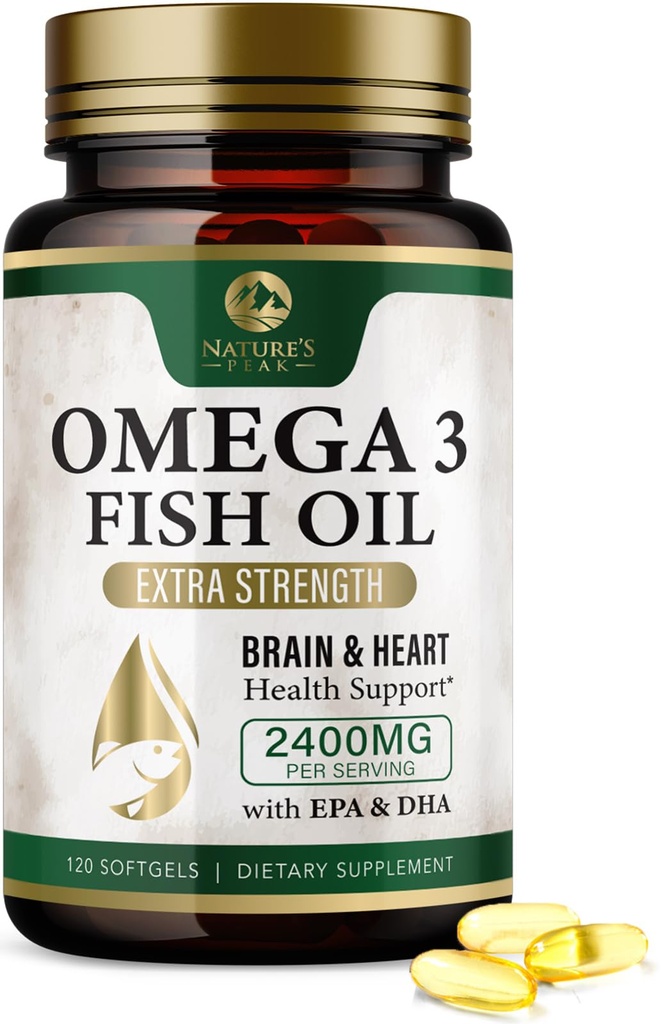 Omega 3 Rybí olej Pills 2400mg - Triple Strength Omega 3 Rybí olej doplňky - Nejlepší EPA & DHA mastné kyseliny pro podporu mozku a srdce, Příroda Omega3 Dodatek, 60 Day Supply - 120 Softgels