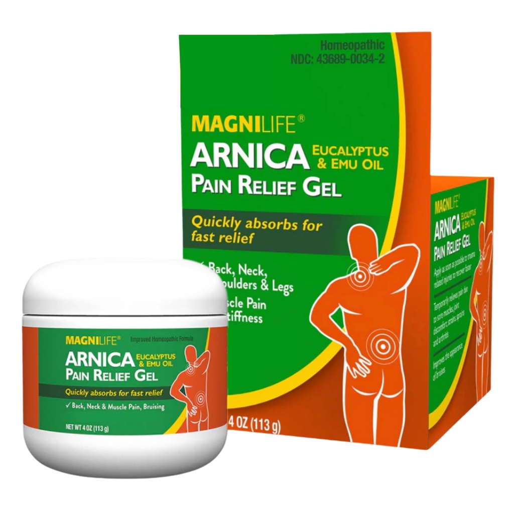 MagniLife Arnica Pain Relief Gel, Fast Hering Neck and Back Pain Relief, with Eucalyptus and Emu Oil to Soothe Soelness, Zánět a discomform - 4oz
