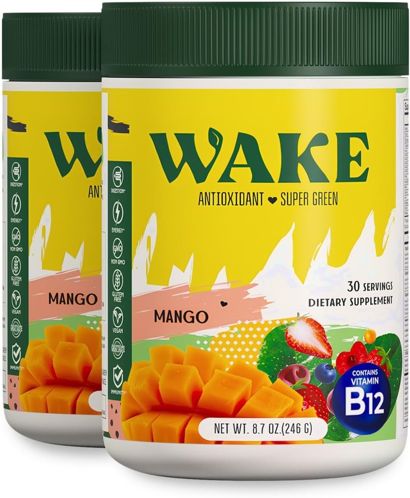 Wake Antioxidant Super Zelené, Zelené Prášek ke snížení Bloat, Spirulina & Chlorella, Vitamin B12, Non- GMO, Zdravá strava pro ženy, Enzymy, Probiotika, Acai Berry & Camu Camu, 2 ks za 1 cenu
