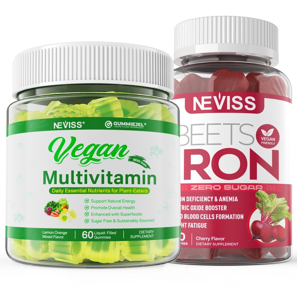 Veganské železné gumy s veganským multivitaminem pro ženy se železem, vitamin B12, A, D3, K2, Řasy Omega 3, hořčík, zinek