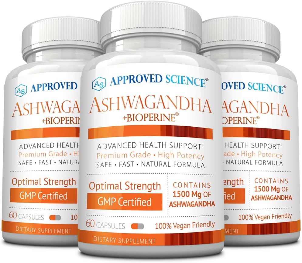 Schválené vědecké Ashwagandha 1500mg s Bioperin ® a Ginger- Boost Mood & Energy - 60 Vegan Friendly Capsules (3 Lahvičky)