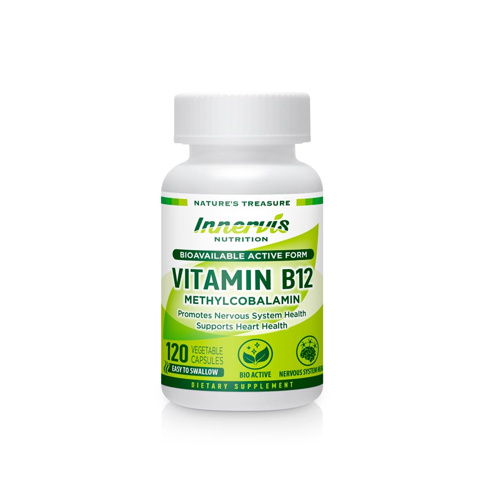 Vysoká absorpce BioActive B12 1000mcg - Podporuje energii, nerv a srdce zdraví - 120 Vegan Kapsle - Innervis Nutrition