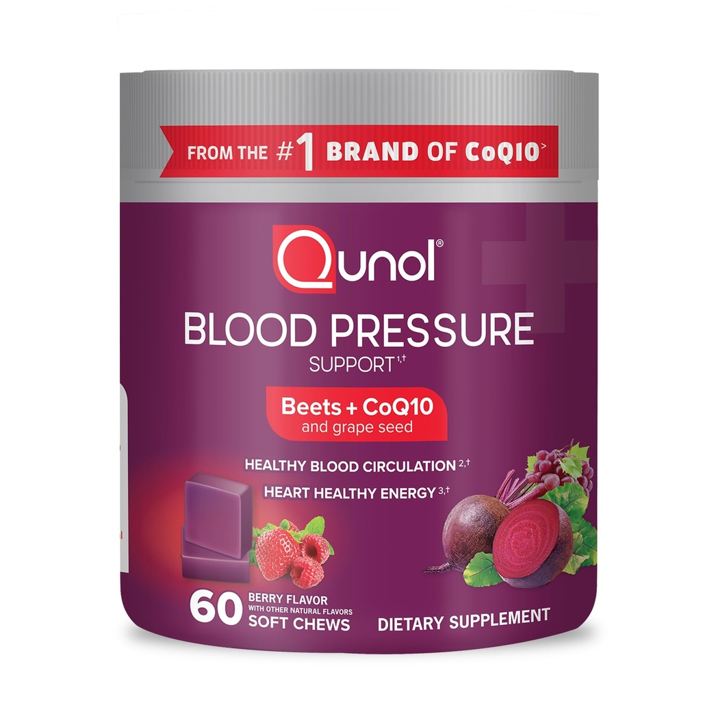Qunol Beets Chews for Blood Pressure Support, 3 in 1 Beets + CoQ10 + Grape Seed Extract, podporuje zdravý krevní oběh a srdce zdravou energii, 60 Chews