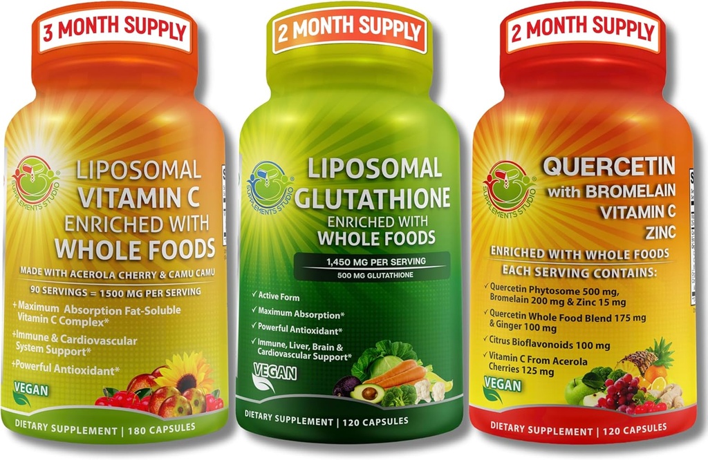 Kompletní Plant- Based Antioxidant & Imunitate Support Bundle - Liposomální vitamín C 1500mg + Liposomal Glutathione 500mg + Quercetin s bromelainem, zinem a vitaminem C - Vegan, zvýšené absorpční parametry