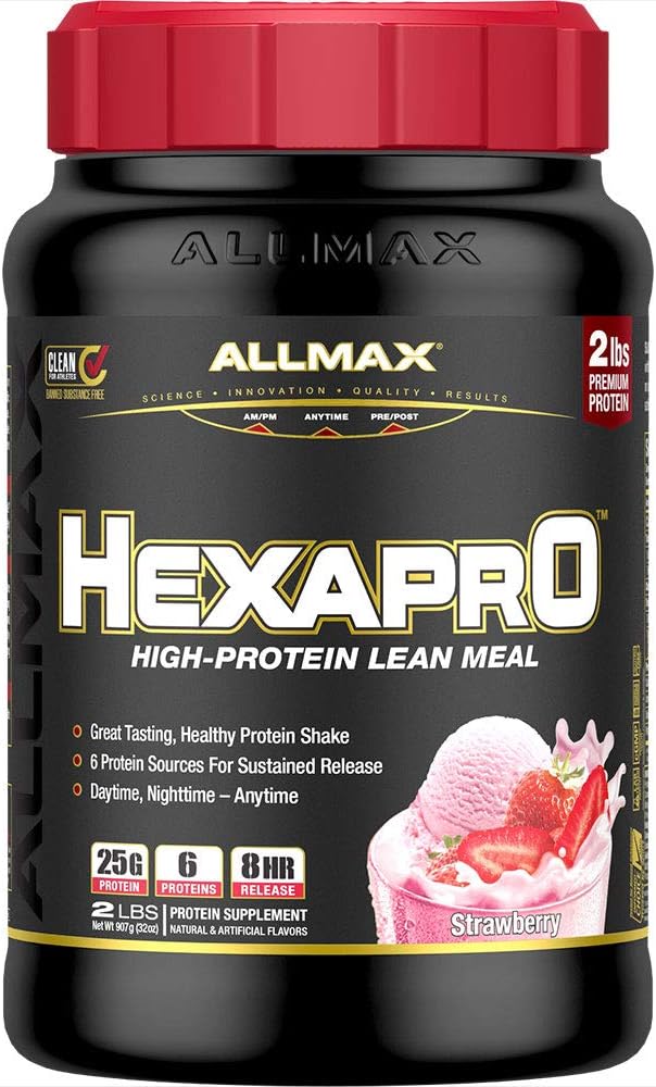 ALLMAX HEXAPRO, Jahoda - 2 libry - 25 gramů proteinu per servírování - 8hodinová trvalá uvolňování - nulový cukr - 21 porcí