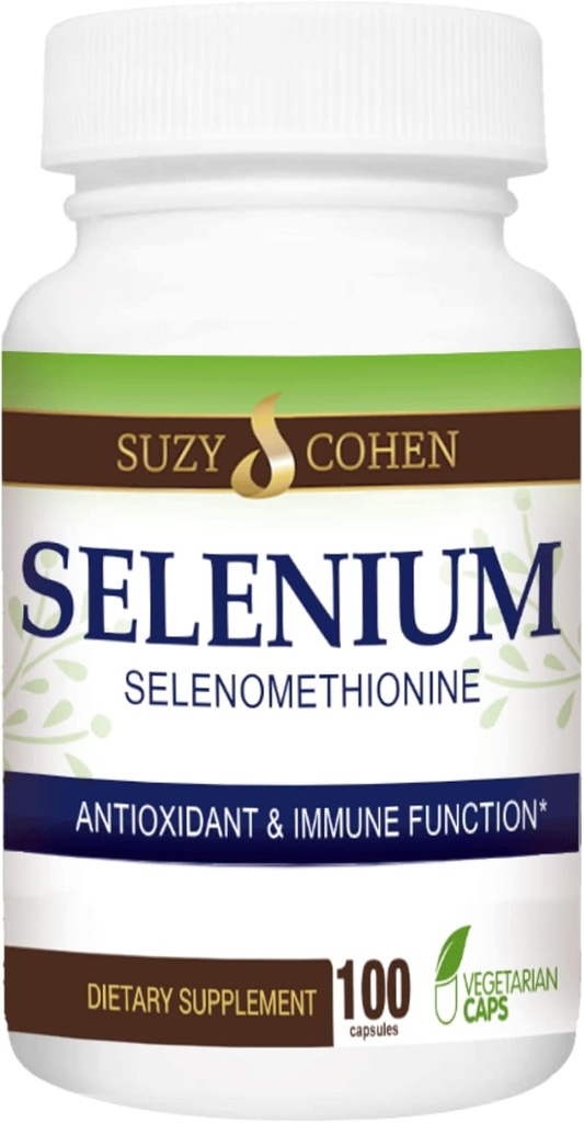 Suzy Cohen Selenium dodatek 200 mcg, Udržujte zdravé srdce, imunitní systém, Podpora štítné žlázy, funkce na podložce, Zeštíhlený zdarma Čalouněný Tummy Friendly Amino Acid, Vysoce biologicky dostupné, 100 Veg kapsle