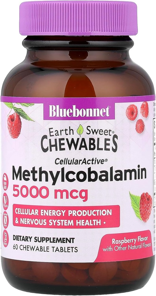 BlueBonnet Nutrition Earth Sweet ® Chewables, Cellularactive ® Methylkobalamin, Malina, 5000 mcg, 60 žvýkací tablety