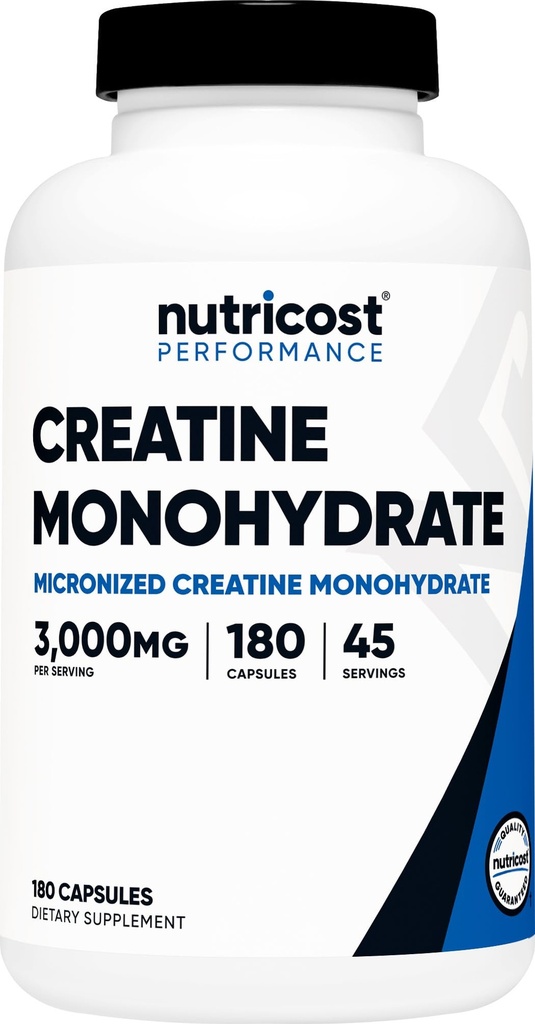 Nutricost Creatin Monohydrát 3 000 mg, 180 tobolek (750mg per Capsule) - bez glutenu, Non- GMO