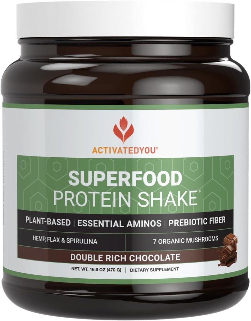 AKTIVATEDYOU Superfood Protein Shake -Vegan Plant Protein Powder - s organickým 7 Houbová směs, Spirulina, a GoldRella Chlorella - Promotes Muscle Integrity, Chocolate Flavor (15 Služeb)