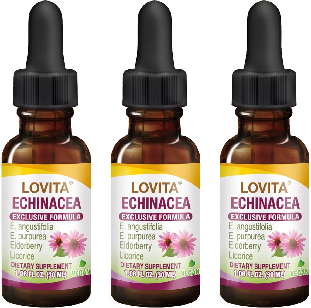 Lovita Echinacea Extract Liquid CLAS124; 1 FL OZ CLAS124; 350 mg / Serving CLAS124; Koncentrované Herb Tincture CLAS124; Vegan CLAS124; Alkoholo-Free CLAS124; s Elderberry a Licorice Extract (balení po 3)