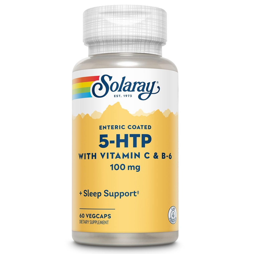 SOLARAY 5 HTP dodatek s vitaminem C & B-6 - Spánkový dodatek a podpora sytézy serotoninu - Laboratoř ověřená, 60denní záruka vrácení peněz - 60 Služeb, 60 Enteric Coated VegCaps